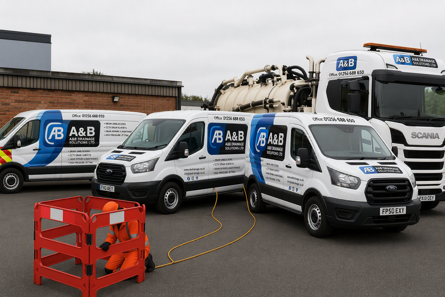 The full A&B fleet — vans and tanker ready to respond