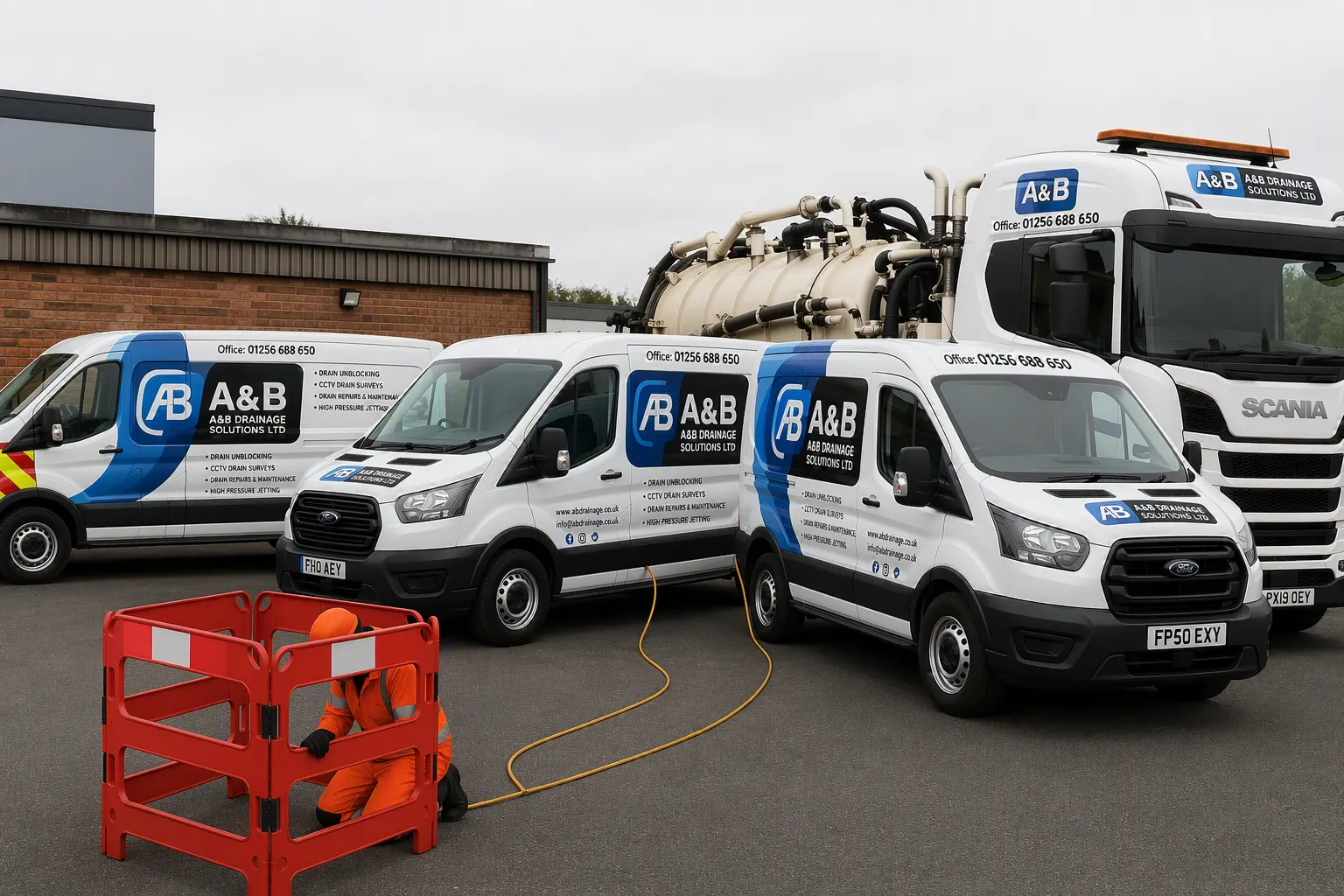 The full A&B fleet — vans and tanker ready to respond