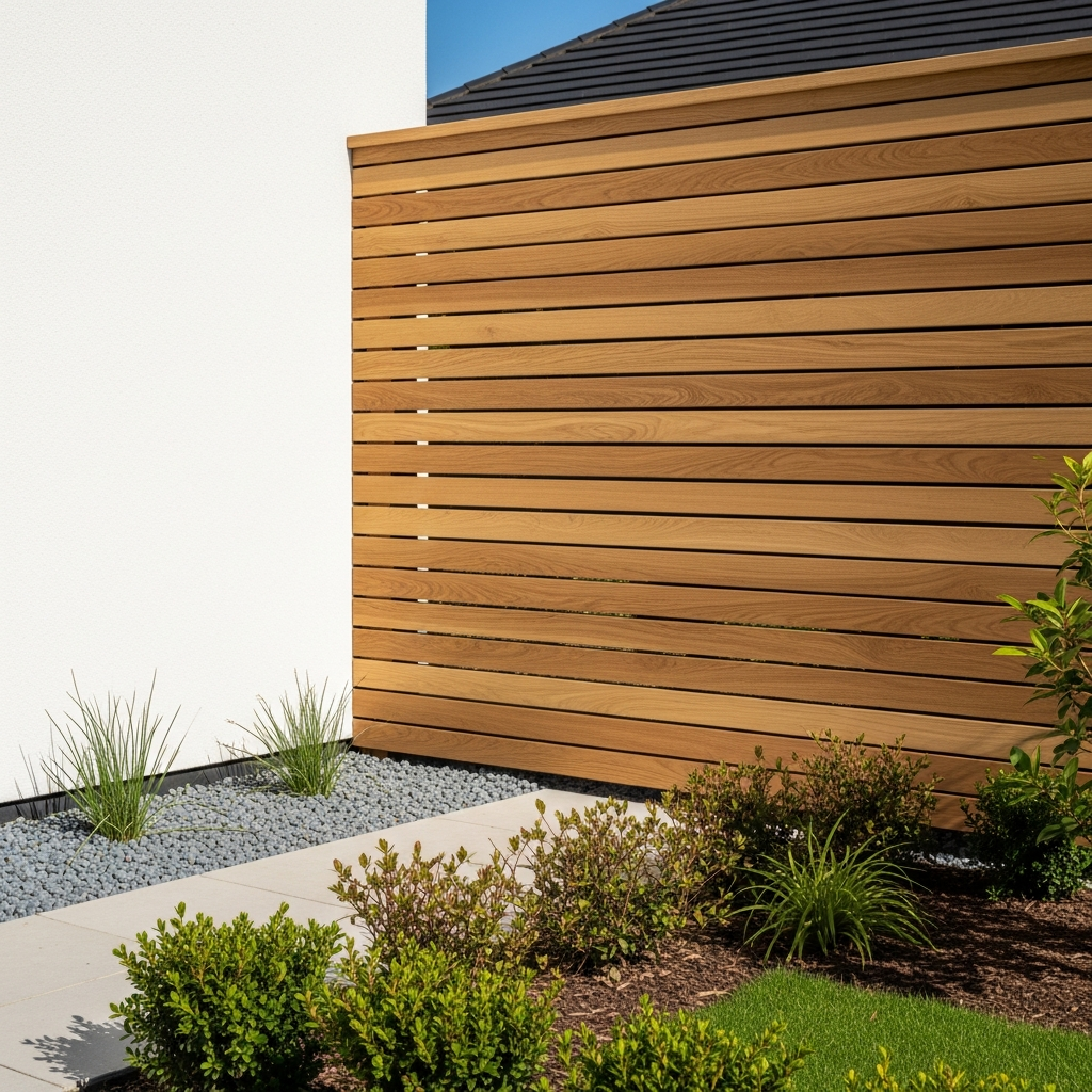 Contemporary oak-finish horizontal timber fence