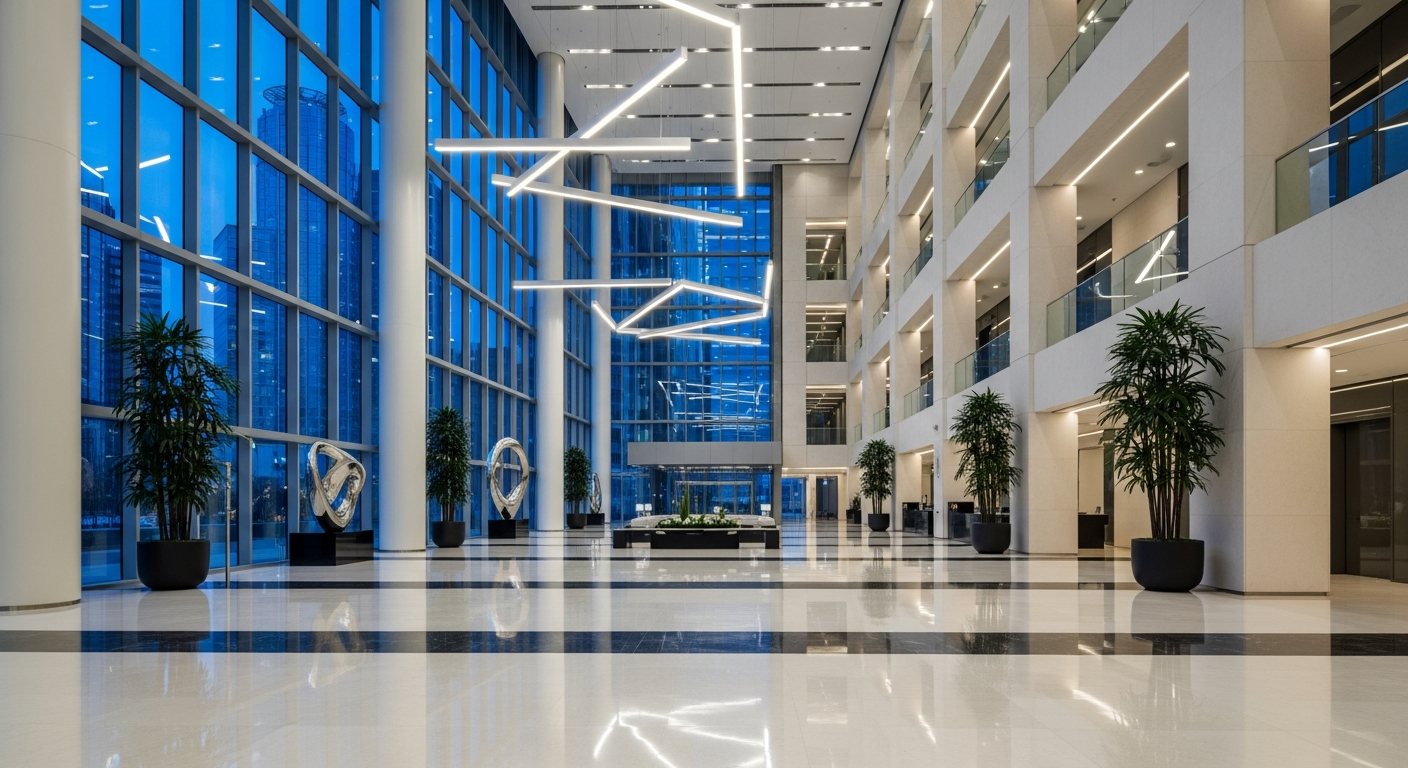 Grand commercial office atrium with marble floors and floor-to-ceiling glass